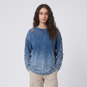 T-shirts oversize déchirés pour femmes, à manches longues, col rond, coupe ample, style streetwear d'été - Product Image 1