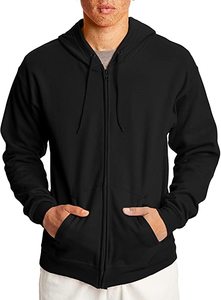 Sweat-shirt à capuche pour homme, couleur unie noire, coton, tissu molletonné français, fermeture éclair sur le devant, coupe décontractée, vêtement d'automne - Product Image 2
