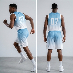 Ensemble short et maillot de basket personnalisé bleu clair et blanc, dégradé ombré, uniforme d'équipe, vêtements de sport respirants en mesh, sublimation - Product Image 3