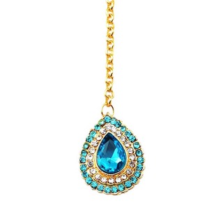 Elegante Collar con Colgante de Diamantes de Imitación en Forma de Lágrima con Piedra Central Azul y Cadena Dorada para Accesorio de Cabello de Boda - Product Image 3