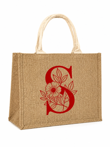 Oversized Jute <b>Tote</b> Bag with <b>Zip</b> Floral Monogram S Print Eco Friendly Shopping Carry Bag - Product Image 6