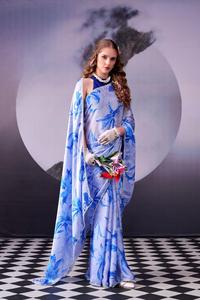 ผ้าส่าหรีผ้าไหมซาตินพิมพ์ลายพรีเมียม พร้อมขอบลูกไม้มุก ลายดอกลิลลี่สุดหรู สำหรับงานแต่งงานแบบอินเดียและงานเลี้ยงสำหรับผู้หญิง - Product Image 3