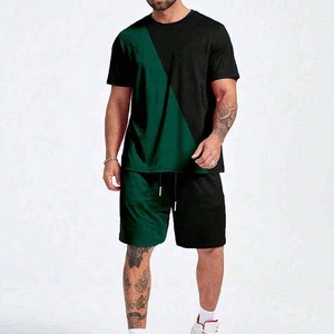 Conjunto de camiseta y pantalones cortos para hombre, en bloques de color negro y verde, cuello redondo, manga corta, corte holgado, informal, transpirable, para verano. - Product Image 1