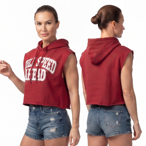Women Sleeveless Pullover Hoodie Crop <b>Distressed</b> Embroidered Gym Wear Hoodies Cotton Fleece Sleeveless Hooded Crop <b>Top</b> Ladies - Product Image 1