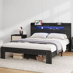 Letto matrimoniale in legno con piattaforma, testiera illuminata a LED e contenitore, 2 USB, silenzioso, non richiede rete a molle - Product Image 1