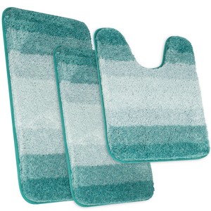 Striped Chenille Bath <b>Mat</b> <b>Set</b> 3 Piece Non-Slip Rubber Backing Modern Home Use Rectangle Shape Teal Color - Product Image 1