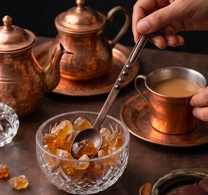 Cuchara de té vintage de cobre Acme Metal con mango largo de acero inoxidable y diseño de luna para vajilla de lujo, cenas y restaurantes. - Product Image 5