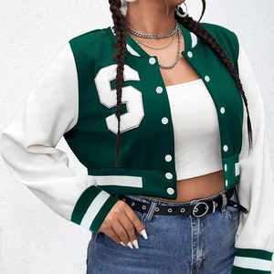 Green White Contrast lettermen <b>Jacket</b> Full <b>Sleeve</b> <b>Short</b> Length Button Closure Women's Letter Logo Embroidered <b>Jacket</b> - Product Image 4