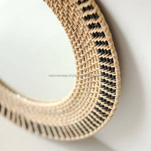 Boho Round Rattan <b>Mirror</b> Natural Dual Tone Handwoven Wall Decor Woven Rattan Frame - Product Image 2