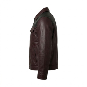 Maroon Wine Red Real Genuine Leather <b>Trucker</b> <b>Jacket</b> Black Patchwork Front Flap Pocket Snap Button Outerwear Coat - Product Image 4