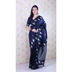 Sari en soie douce bleu marine à double tissage Zari avec bordure à motif d'oiseaux pour robes de cocktail Elite Weaves 650g - Product Image 6