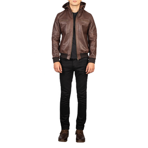 Veste décontractée unisexe en cuir véritable marron et toile matelassée coupe-vent, coupe ajustée, fermeture éclair, col mandarin, pour l'hiver - Product Image 1