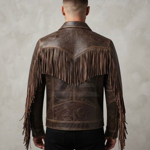 <b>Western</b> Style Leather <b>Jacket</b> For Men Fringe Embossed Cowboy Outerwear For Casual Streetwear Travel And Outdoor Fashion - Product Image 4