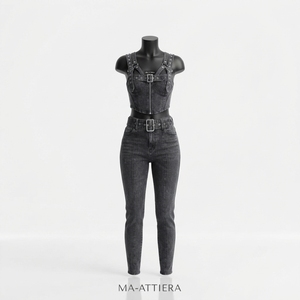 Women <b>Black</b> Denim Two Piece Set <b>Cropped</b> Overall Style <b>Top</b> High Waist Skinny Jeans Streetwear Fashion Outfit - Product Image 3