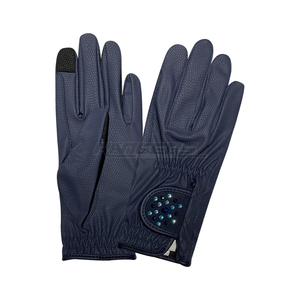Gants d'équitation pour femmes en cuir avec strass, bleu foncé, à doigts entiers, antidérapants, avec poignets élastiques, compatibles écran tactile, pour l'hiver - Product Image 1