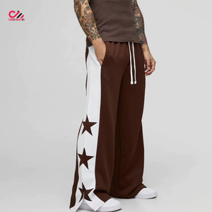 Men's Brown Baggy <b>Pant</b> With White Side Stripe And Stars Printed Elastic Waist Casual <b>Pants</b> Lightweight <b>Summer</b> Wear - Product Image 2