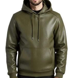 OEM ODM Service <b>Black</b> Color Leather <b>Hoodie</b> <b>Zip</b> <b>Up</b> Jacket Outerwear Outdoor Autumn Winter Heavyweight PU Cowboy Leather Hoodies - Product Image 4