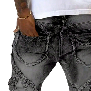 Vaqueros negros de mezclilla para hombre, estilo vintage, con efecto desgastado, flecos y rotos, de pierna recta, para invierno, estilo urbano informal. - Product Image 4