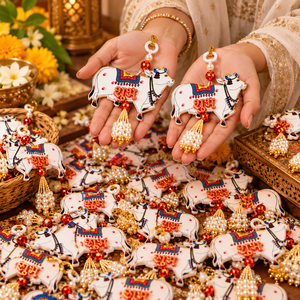 Tapiz de Pared con Diseño Pichwai Hecho a Mano con Borlas de Perlas, Juego de 2 Piezas para Diwali, Decoración Tradicional para el Hogar - Product Image 1