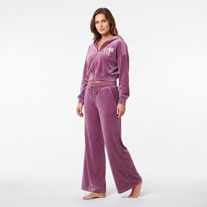 Conjunto Deportivo Casual de Terciopelo para Mujer, Sudadera Corta con Hombros Caídos y Cremallera Completa, Pantalón de Pierna Ancha y Cintura Alta - Product Image 2