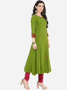 Womens Green Cotton Slub Mirror Work Anarkali Kurta With Round Neck <b>Three</b> Fourth Sleeves Crafted For Global Ethnic Casual Wear - Product Image 4