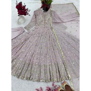 VESTIDO DE TRABAJO DE SECUENCIA DE BORDADO DE GEORGETTE DE DISEÑADOR CON CEBOLLA DUPATTA - Product Image 3