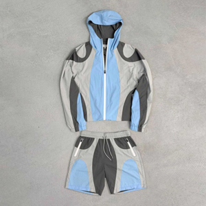 Custom Men's Tracksuit Polyester Windbreaker Zipper <b>Jacket</b> and Jogger Shorts Set Patchwork Nylon Lightweight Sports Tracksuit - Product Image 1