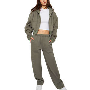 Ensemble 2 pièces pour femme : sweat à capuche court et pantalon de jogging en molleton vert olive uni, coupe décontractée, idéal pour l'hiver - Product Image 3