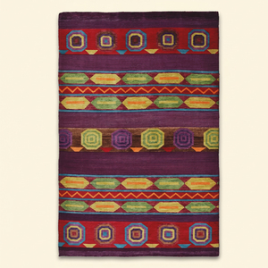 Alfombra DECORDEC Jewel Caravan Morada Multicolor Hecha a Mano de Lana, Ecológica, Antideslizante, con Diseño Tribal Geométrico a Rayas - Product Image 1