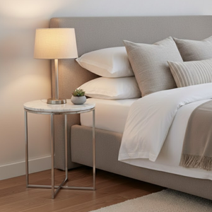 โต๊ะตกแต่งหินอ่อนสีขาวหรูหราพร้อมสแตนเลสสตีล |   โต๊ะข้างทรงกลมสไตล์มินิมอลสำหรับห้องนั่งเล่น ห้องรับรอง และตกแต่งบ้าน - Product Image 5