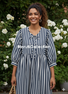 Wholesale Women Striped Cotton Dress | Bohemian Loose Fit Midi Dress with <b>Balloon</b> Sleeves | Summer Casual Wear OEM Supplier - Product Image 4