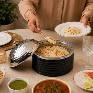 Natural Wood Serving Casserole | Stainless Steel Hotpot Food Warmer with Hammered Lid Handcrafted Dinnerware Cookware Set <b>Gift</b> - Product Image 2