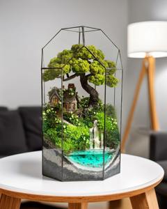 Tall Glass Terrarium With Cottage Landscape Waterfall And Bonsai Style <b>Tree</b> Indoor Table Decor For Home Office And Gifting - Product Image 3