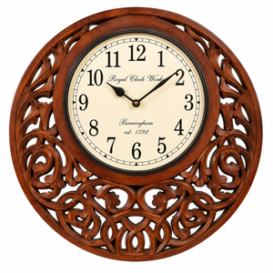 Handcrafted Carved <b>Wooden</b> Analog Quartz <b>Wall</b> <b>Clock</b> 18 Inch Round Traditional Decorative Living Room Wedding <b>Clock</b> - Product Image 1