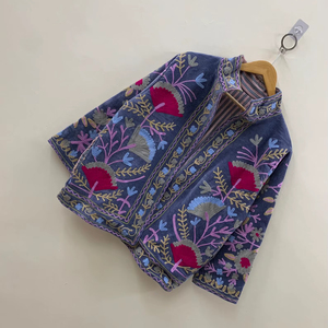 Ethnic Style Winter Jacket Velvet Suzani Cropped Bohemian <b>Coat</b> with Floral Embroidery for Festivals or Casual Wear - Product Image 1