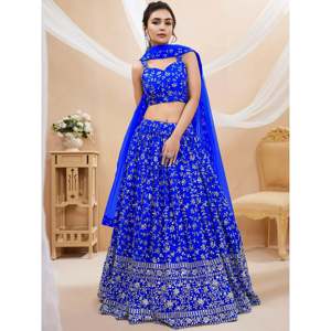 Plus Size Blue <b>Sequins</b> Georgette Wedding Lehenga Choli - Product Image 5