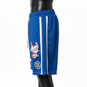 Short de basket-ball pour homme en tissu polyester mesh respirant, couleur bleue, impression par sublimation sur le côté, logo personnalisé. - Product Image 5