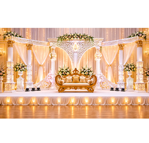 Decoración Moderna y Lujosa para Escenario de Recepción de Bodas con Sofá Dorado, Diseño Floral, Fibra de Vidrio Ligera, Tamaño Personalizado - Product Image 1