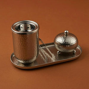 Antique Metal Incense Burner <b>Set</b> Engraved Chalice Holder Lid Tongs and Wooden Tray With Palm Tree Home & Gifting Use - Product Image 6