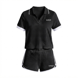 Ensemble 2 pièces tricoté rose pour femme : haut à col rabattu et manches courtes, en coton respirant, idéal printemps-été, personnalisable avec logo - Product Image 2