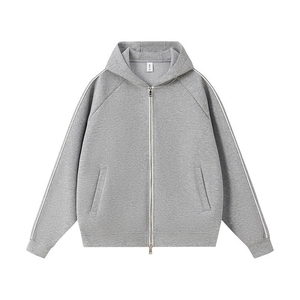 Sudadera con Capucha Gris para Hombre, Sudadera con Cierre, Manga Raglán, Sudadera Extra Grande, Color Sólido, Informal, de Algodón y Felpa, para Otoño - Product Image 1