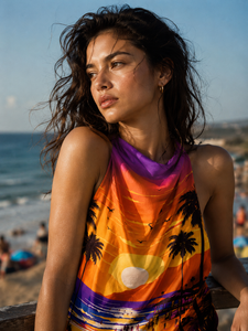 Vestido de playa maxi sin mangas con estampado de palmeras al atardecer, tipo halter, para mujer, transpirable, de tela tejida. - Product Image 2