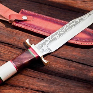Couteau Bowie artisanal en acier Damas, pointe clip, épaisseur 3 mm, 15 pouces, qualité industrielle/DIY, manche en bois de rose, chasse et survie - Product Image 6