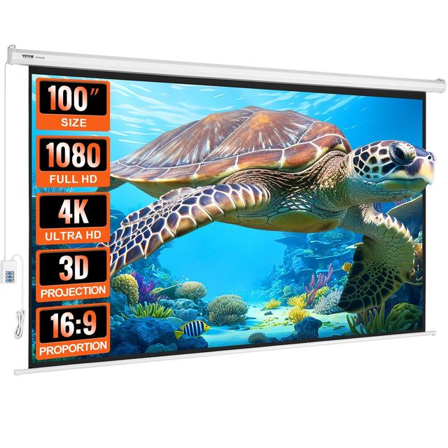 100 Inch 16:9 Motorized Projector Screen Matte White Wall Mount Electric Lifting Home Office Movie Screen