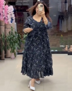 Nouvelle Robe Longue Décontractée et Tendance pour l'Été 2026, Imprimé Floral Lavable, Style Western, Grande Taille Femme, Col en V, Tissu Georgette, Coupe Ample - Product Image 1