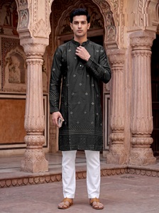 MALAI SILK <b>KURTA</b> PAYJAMA with HEAVY EMBROIDERY SEQUENCE WORK for WEDDING and DIWALI TRADITIONAL UNISEX ALL SEASONS - Product Image 5