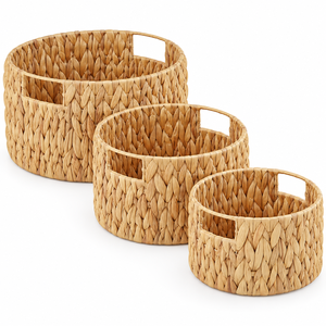 Paniers de rangement cylindriques modernes et écologiques en jacinthe d'eau tressée à la main avec poignées découpées, pour l'organisation des étagères, lot de 3 - Product Image 3