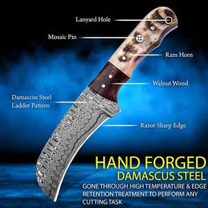 Couteau de chasse artisanal en acier Damas, manche personnalisé, lame fixe de 8 pouces, pointe tombante, OEM/ODM, étui en cuir, trou pour lanière - Product Image 3