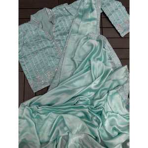 FANTAISIE BLOOMING RANGOLI SOIE AVEC DENTELLE PRÊT À PORTER SAREE AVEC VESTE COUTURÉE VERT MER - Product Image 1