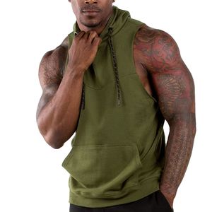 <b>Men's</b> <b>Sleeveless</b> Hooded Tank Top Solid Olive Green Cotton French Terry Casual Fit Spring Wear - Product Image 4